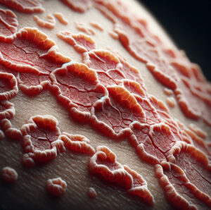 Close-up of psoriasis plaques on skin highlighting typical psoriatic symptoms.
