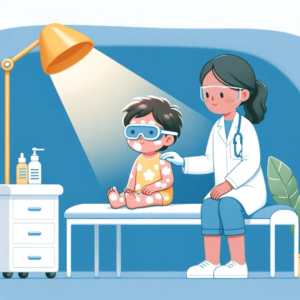 Pediatric dermatologist consulting with child patient